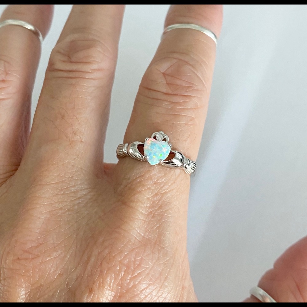 Sterling Silver White Lab Opal Claddagh Ring, Irish Rings, Silver Heart Ring - Picture 7 of 8